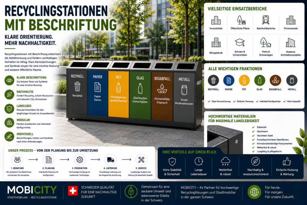 Recyclingstationen mit Beschriftung